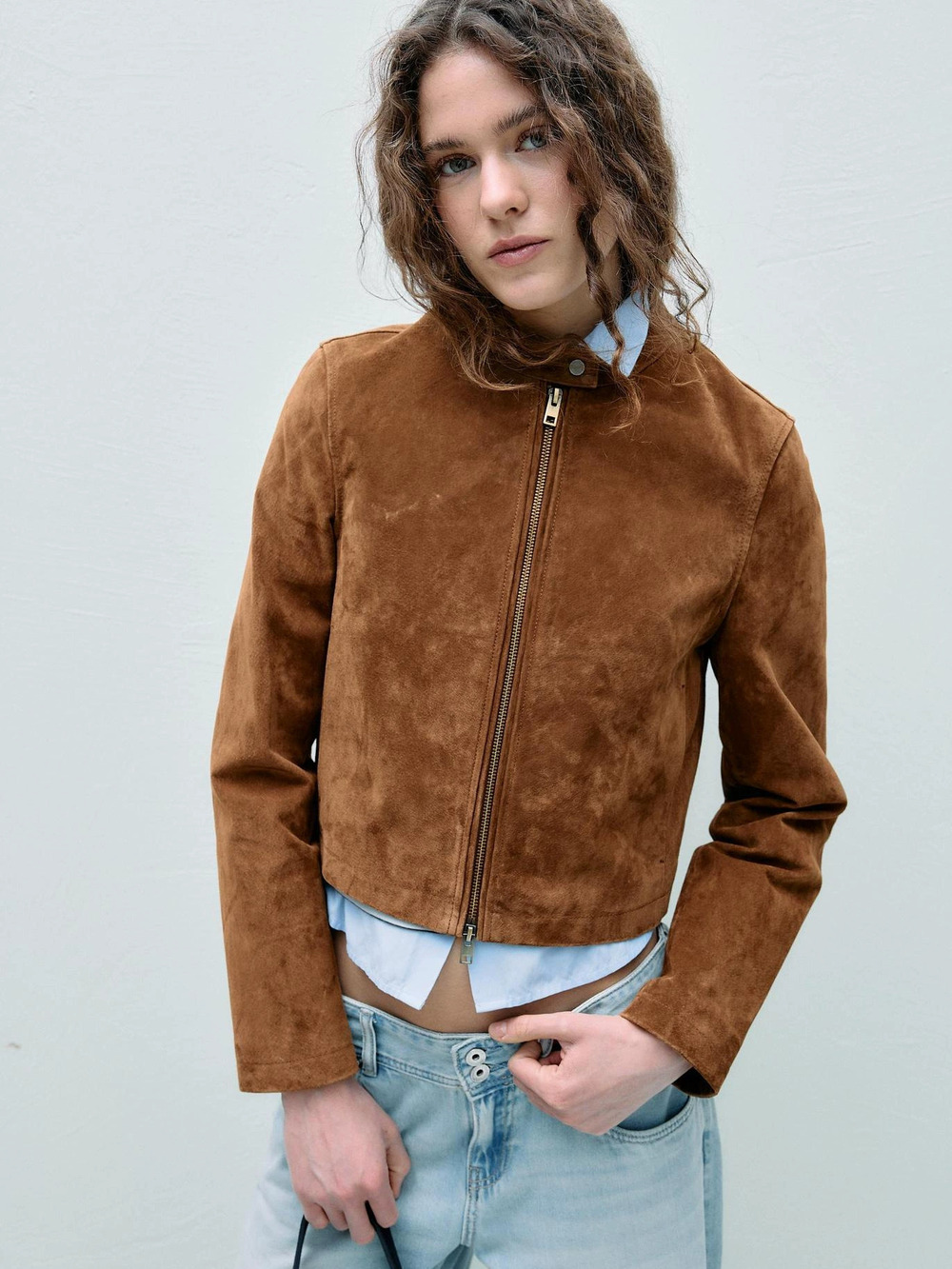 Zara Retro Caramel Faux Suede Short Biker Jacket Stand Collar Metal Zip Slim